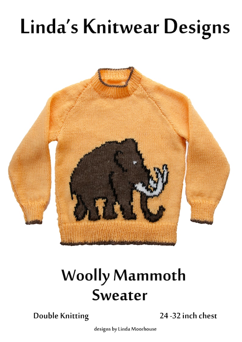 May include: An orange woolly mammoth sweater with a brown mammoth design. The sweater has a crew neck and long sleeves. The chest size is 24-32 inches.