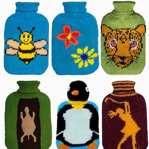 May include: Six knitted hot water bottle covers with different designs. The covers are blue, green, brown, and red with various animal and floral patterns. The covers are designed to fit a hot water bottle that is 8 inches by 10 inches.