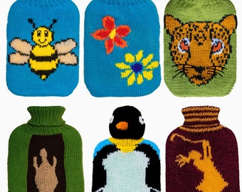 Cute hotwater bottle covers to knit - PDF download -  Leopard, penguin, bee, flower, lady golfer, tortoise, turtle, robot - 8 ins x 10 ins