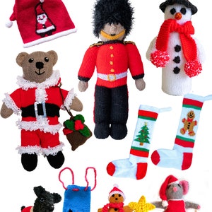 May include: A collection of knitted Christmas toys, including a snowman, a gingerbread man, a Santa bear, a stocking, a gingerbread man, a mouse, a dog, and a guardsman.  The toys are all handmade and feature a variety of colors and patterns.  Designs by Linda Moorhouse.