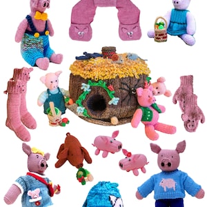 Pig Hamlet English PDF knitting pattern - Pig sty, pig hat and scarf, pig rucksack, pig toys - pig wellington socks and mittens