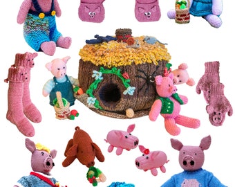 Pig Hamlet PDF knitting pattern - Pig sty, pig hat and scarf, pig rucksack, pig toys - pig wellington socks and mittens