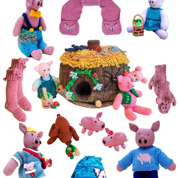 Pig Hamlet PDF knitting pattern - Pig sty, pig hat and scarf, pig rucksack, pig toys - pig wellington socks and mittens