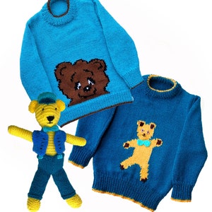 Téléchargement PDF - Deux pulls pour enfants avec motif ours dansant, modèles de tricot en anglais - Tour de poitrine de 20 à 26 pouces - avec ours en peluche