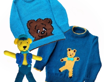 PDF download - Two Children's Dancing Bear Motif Sweater Knitting Patterns - sizes 20 to 26 inch chest - with Teddy Bear Toy