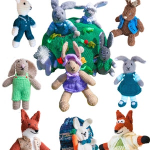 Rabbit Burrow - English PDF knitting pattern - 9 soft-toy rabbits - Mr & Mrs Fox - Rabbit rucksack/backpack - toys