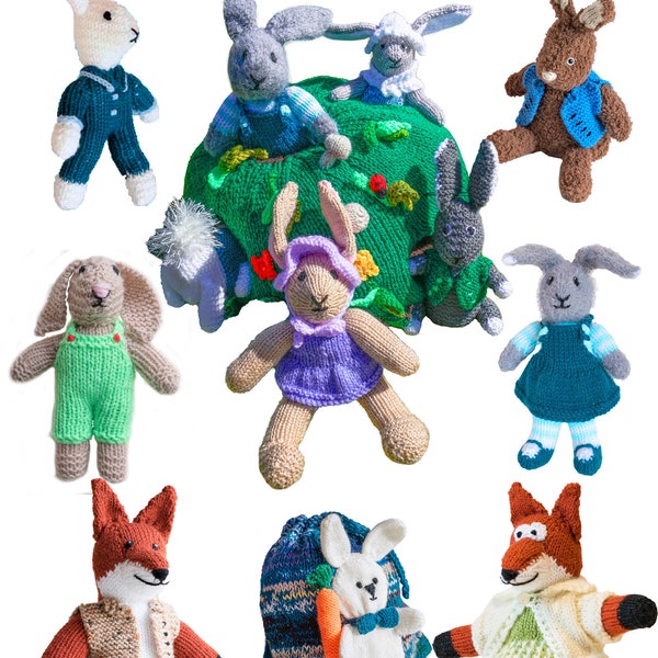 Rabbit Burrow - PDF knitting pattern - 9 soft-toy rabbits - Mr & Mrs Fox - Rabbit rucksack/backpack - toys
