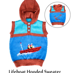 RNLI Lifeboat and anchor motifs - Child&#39;s hooded sweater knitting pattern - sizes: 26 to 32 inch chest - English PDF download