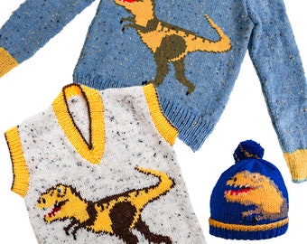 Children's T-Rex dinosaur Motif  Knitting Pattern, Child's Sweater, sizes 24 to 32 inch chest - English PDF - Tyrannosaurus Rex - bobble hat