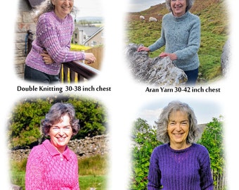 4 Lady's sweaters knitting patterns - PDF download - double knitting yarn sizes 30 to 38 inch chest - Aran sizes 30 to 42