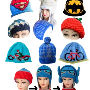 May include: A collection of 10 colorful knitted hats for children. The hats feature various designs, including a superhero, a bicycle, a motorcycle, and a cartoon character. The hats are made with double knitting yarn and are designed to fit ages 6-9 years.
