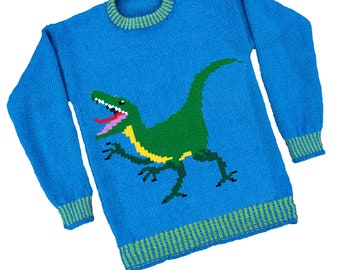 Velociraptor Dinosaur Children's sweater knitting pattern - PDF download - sizes 24 to 30 inches - double knitting yarn - motif