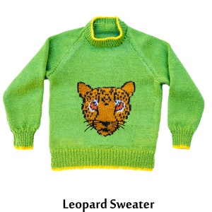 Children&#39;s Leopard Motif sweater, English knitting pattern, sizes 24 to 32 inch chest -  PDF - round neck with raglan sleeves - wild cat