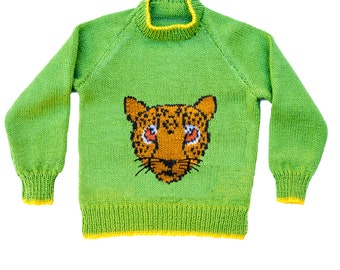 Children's Leopard Motif sweater knitting pattern, sizes 24 to 32 inch chest -  PDF - round neck with raglan sleeves - wild cat