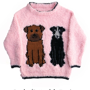 May include: Pink knitted jumper with a brown and black Border/Patterdale Terrier dog design. Double knitting. 24-32 inch chest. Designs by Linda Moorhouse.