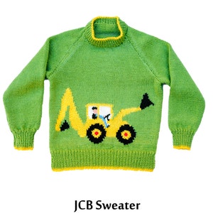 Children's JCB digger motif sweater knitting pattern, sizes 24 to 32 inch chest,  PDF document, backhoe trackhoe truck