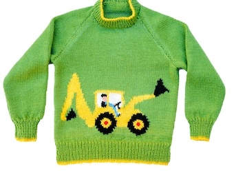 Children's JCB digger motif sweater knitting pattern, sizes 24 to 32 inch chest,  PDF document, backhoe trackhoe truck