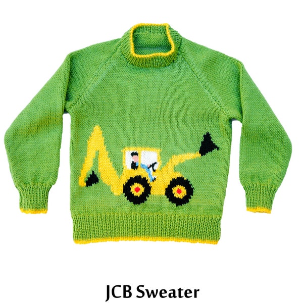 Kinder JCB Bagger Motiv Pullover Strickmuster, Größen 60 bis 32 Zoll Brust, PDF Dokument, Baggerlader Trackhoe LKW