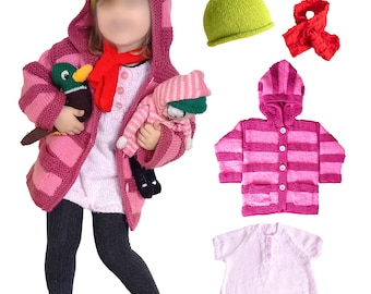 Cute Outfit for a Girl - English PDF knitting pattern - coat, dress, hat, scarf, duck toy - duffle-coat