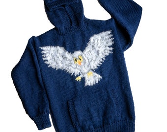 Children's Snowy owl motif hoodie sweater knitting pattern, sizes 24 to 30 inch chest,  PDF document, hood hand warmer pocket
