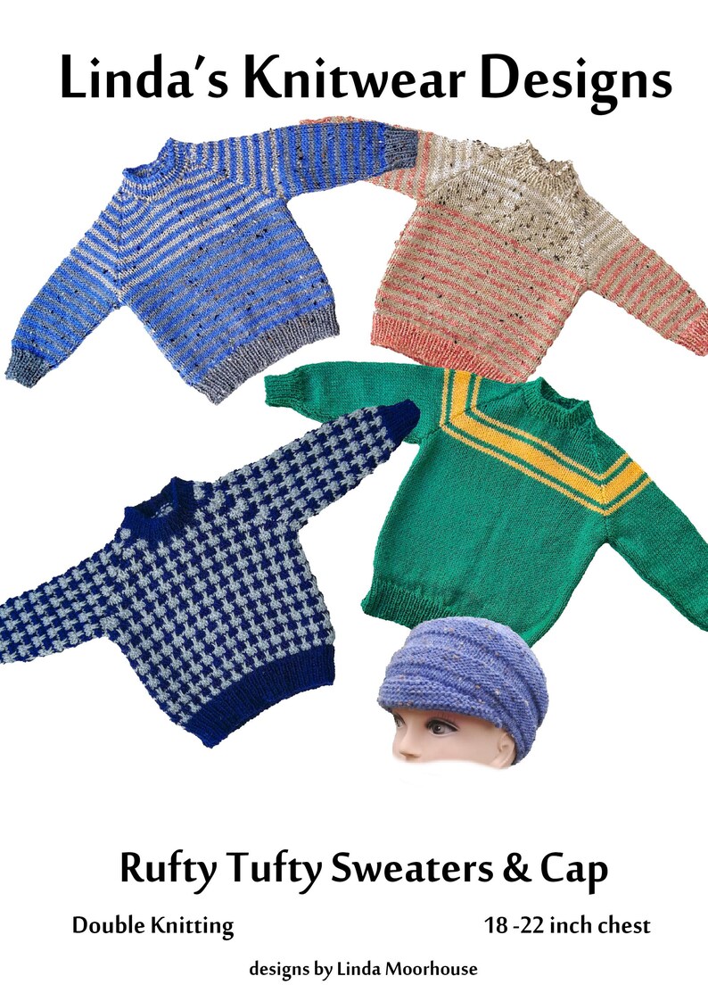 PDF download Rufty Tufty Toddler's sweaters knitting pattern & cap sizes: 18 to 22 inch chest Children's with button opening image 1