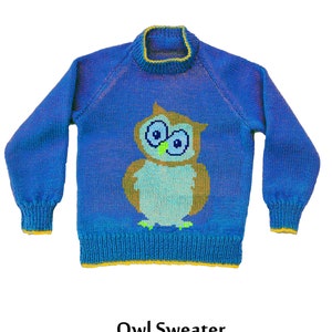 May include: Blue knitted sweater with a yellow trim and an owl design. The sweater is for a child and has the text "Owl Sweater" and "Double Knitting" on the bottom. The text "26-38 inch chest" is also included.