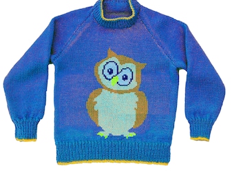 Children and adult Owl motif sweater knitting pattern - sizes 26 to 38 inch chest - English PDF download