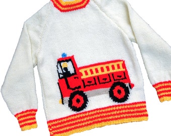Children&#39;s Fire Engine/Truck Motif  sweater, English knitting pattern, sizes: 24 to 32 inch chest - PDF download