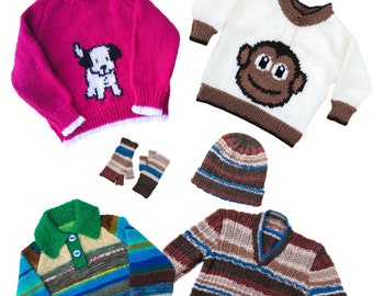 Śliczne swetry dla maluchów z 4-nitkowej przędzy - angielski wzór PDF do robienia na drutach - sweter z włóczki skarpetkowej, czapka, rękawiczki bez palców, motyw szczeniaka małpki