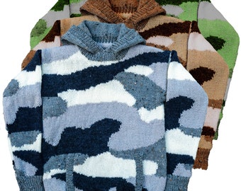 Camouflage Hoodie with hand-warmer pockets - PDF knitting pattern - sizes 24 to 32 inch chest - camo