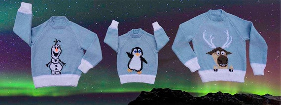 Kinder-Weihnachts-Pullover mit Baby-Pinguin-Motiv Englisch PDF  Strickanleitung Download Größen 45 bis 82 cm