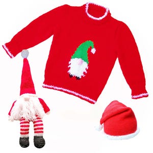 May include: A red knitted gnome sweater with a white trim, a matching red gnome hat with a white trim, and a red and white striped gnome toy. The sweater is for a child with a chest size of 22-26 inches. The pattern is called "Gnome Sweater with Hat & Toy" and is a double knitting pattern.