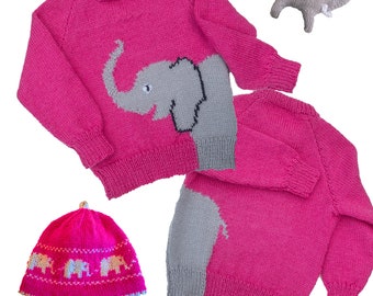 Elephant motif sweater - PDF knitting pattern - double knitting yarn - children's sweater - sizes 24 to 30 inch chest - with hat & toy