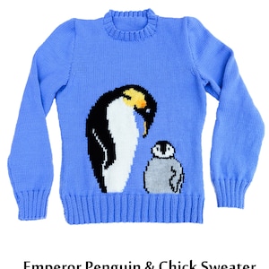 Emperor Penguin and chick Motif sweater, English knitting pattern, sizes: 26 to 38 inch chest - PDF