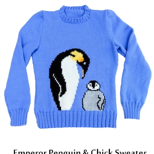 Emperor Penguin and chick Motif sweater knitting pattern, sizes: 26 to 38 inch chest PDF image 1