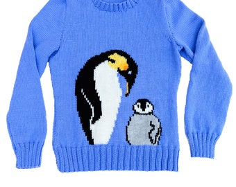 Emperor Penguin and chick Motif sweater knitting pattern, sizes: 26 to 38 inch chest - PDF