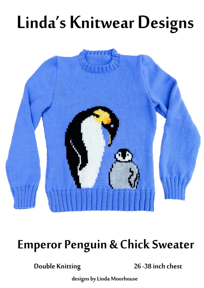 Emperor Penguin and chick Motif sweater knitting pattern, sizes: 26 to 38 inch chest PDF image 1