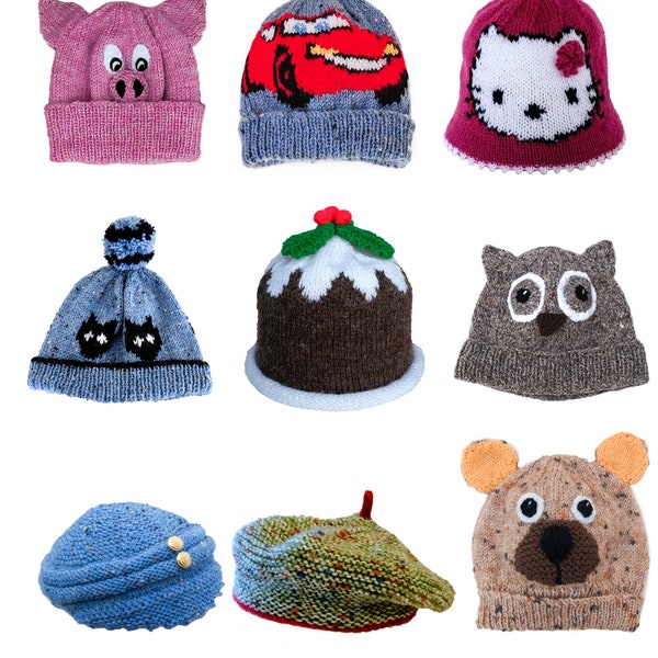 Cute hats to knit for children 1 - PDF knitting pattern - owl, bear, pig, cat, car, beret, Christmas pudding, sailor cap - ages 2 to 5 years
