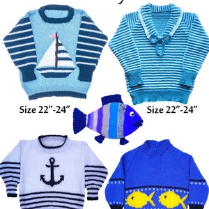 May include: Four knitted sweaters in nautical themes. The sweaters are blue, light blue, white, and a darker blue. The sweaters feature stripes, a sailboat, an anchor, and fish. The sweaters are all size 22-24 inches except for the blue sweater with fish, which is size 20-24 inches. The text "Cute Nautical Sweaters in 4 Ply" is at the top of the image. The text "designs by Linda Moorhouse" is at the bottom of the image.