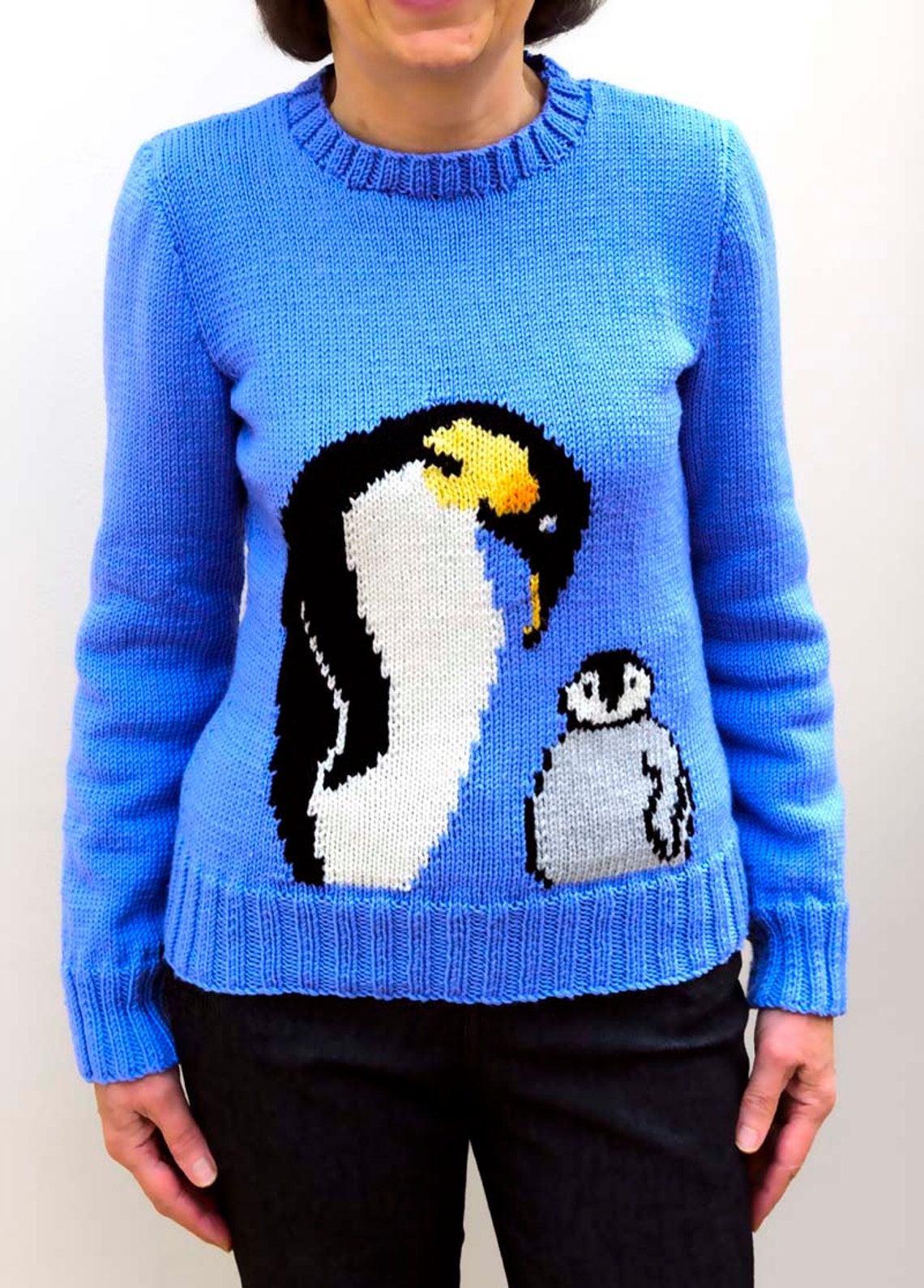 Emperor Penguin and Chick Motif Sweater Knitting Pattern, Sizes 26 to