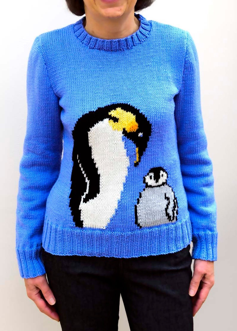 Emperor Penguin and chick Motif sweater knitting pattern, sizes: 26 to 38 inch chest PDF image 2