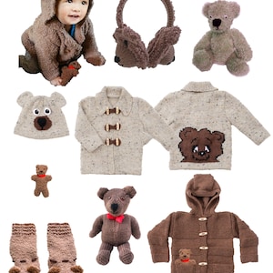 May include: Knitted brown bear-themed baby clothing and accessories, including a hooded coat, earmuffs, a hat, a pair of socks, and a teddy bear. The text "Cute Duffle Coats and Bears" and "Linda's Knitwear Designs" are also visible.