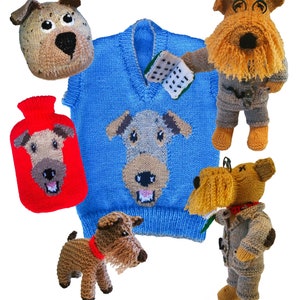 May include: A collection of knitted Airedale Terrier designs, including a blue sweater with a dog face, a dog head, a hot water bottle cover, and two dog figures in outfits. The text reads "Linda's Knitwear Designs" and "Airedale Terrier Sweater".