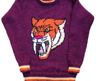Children&#39;s Saber Toothed Tiger Dinosaur Motif Knitting Pattern, Child&#39;s Sweater, English Knitting Pattern PDF - sabre tooth cat