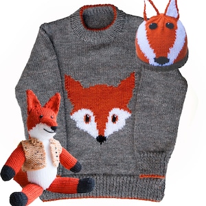 Fox head sweater knitting pattern for a child - 20 to 26 inch chest - PDF download - includes a fox hat and a fox toy to knit