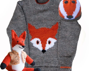 Fox head sweater knitting pattern for a child - 20 to 26 inch chest - PDF download - includes a fox hat and a fox toy to knit