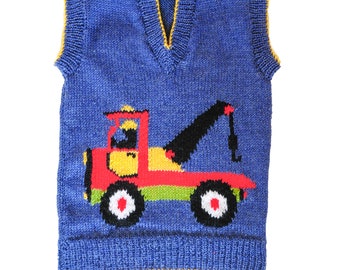 Children's Breakdown/Recovery Tow Truck Motif  Sweater Knitting Pattern, sizes: 24 to 32 inch chest - PDF