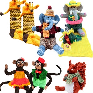 May include: A collection of knitted animal toys, including a giraffe, two elephants, two monkeys, and a squirrel. The toys are all brightly colored and have detailed features. The title "Cute Toys to Knit 3" is displayed at the top of the image.
