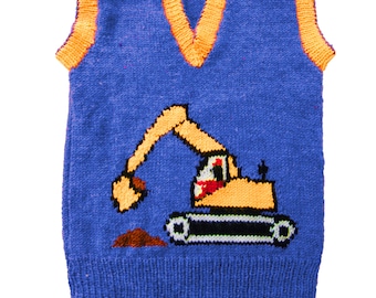 Children's Excavator/Digger motif  knitting pattern, sizes: 24 to 32 inch chest - v neck sweater with or without sleeves - PDF