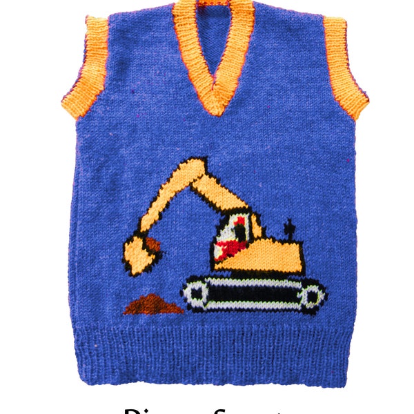 Patron de tricot motif Excavatrice/Digger pour enfants, tailles : poitrine de 24 à 32 pouces - pull col v avec ou sans manches - PDF